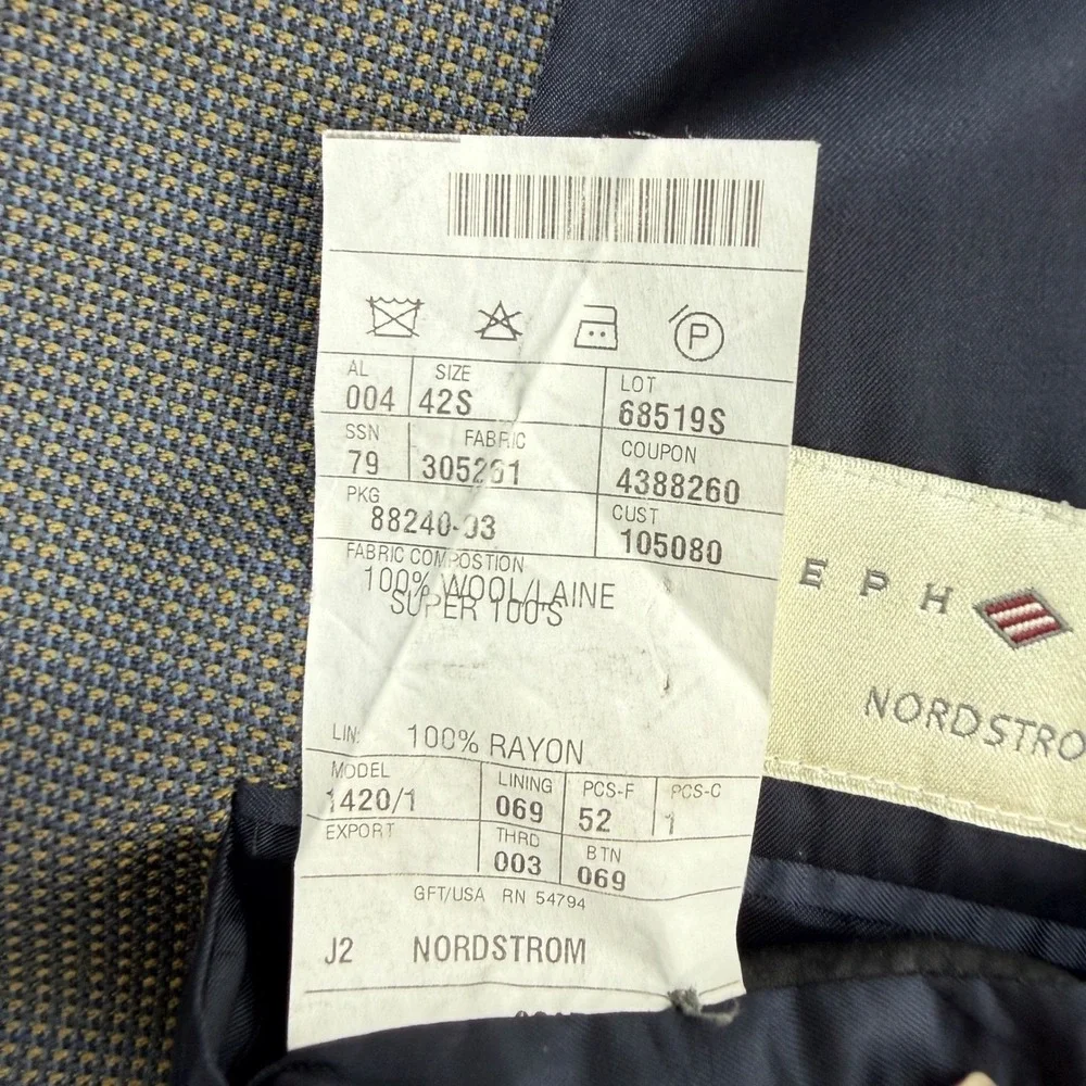 Joseph Abboud Nordstrom Mens 42S Blazer Super 100s Wool Micro Check Grey Brown